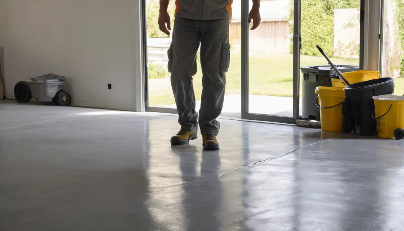 Provider rolling a protective coating onto a clean concrete floor in a St. Petersburg home